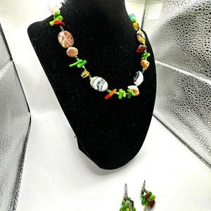 16" Beaded Green Dyed Coral and Jasper Necklace and Matching Earrings